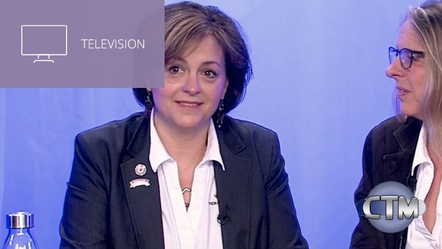Video still of Jennifer Platt Beth Carrison with CTM logo and white sans-serif type in upper left on muted lavender background with television icon