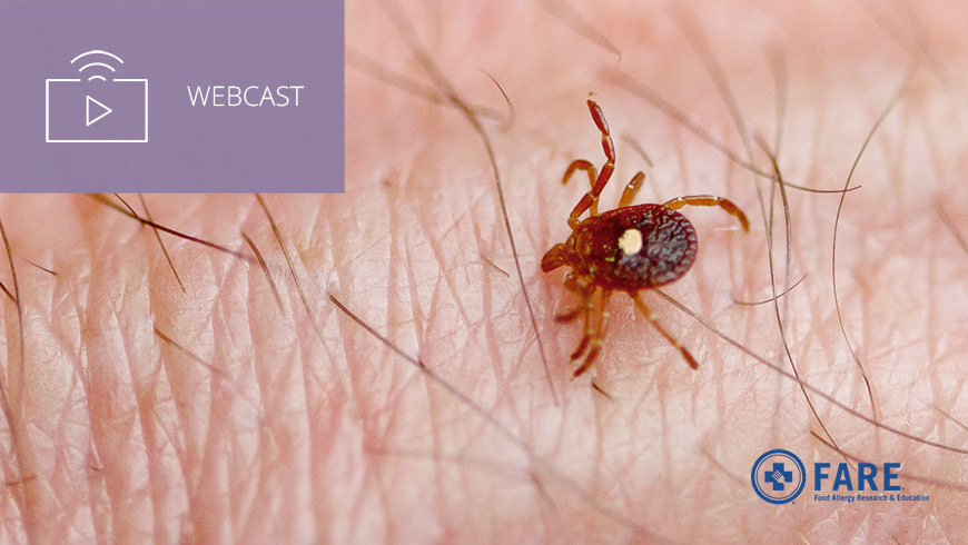 Photo of lone star tick on skin with FARE logo and white sans-serif type in upper left on muted lavender background with webcast icon