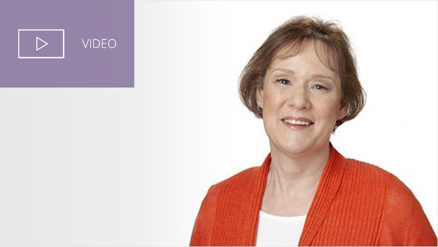 Photo of Marlene Jones and white sans-serif type in upper left on muted lavender background with video icon