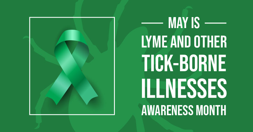 Green illustrated graphic showing green awareness ribbon with white sans-serif type over tick icon