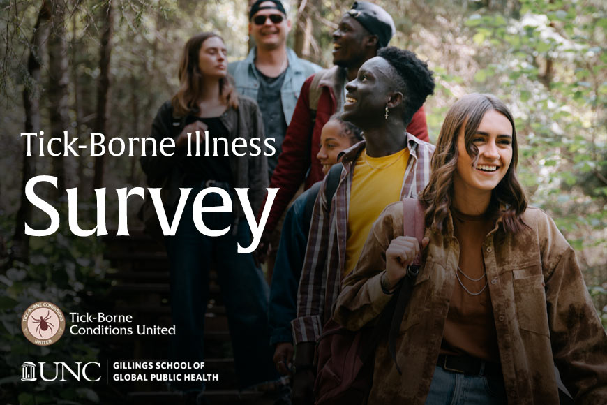 Photo of a diverse group of young people walking through the woods with overlaying white serif type and TBC United and UNC logos