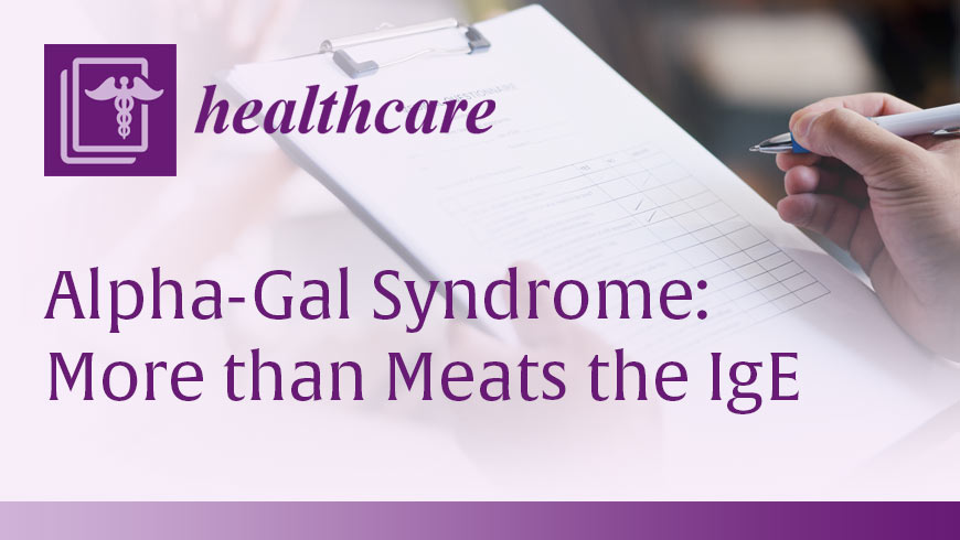Photo of a person taking a medical survey with overlaying purple serif type and purple healthcare logo