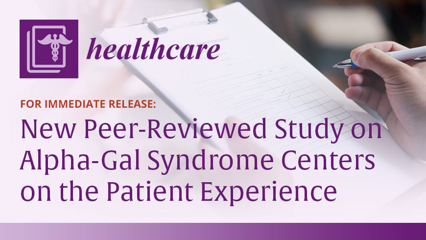 Person taking a medical survey with overlaying purple serif type and purple healthcare logo